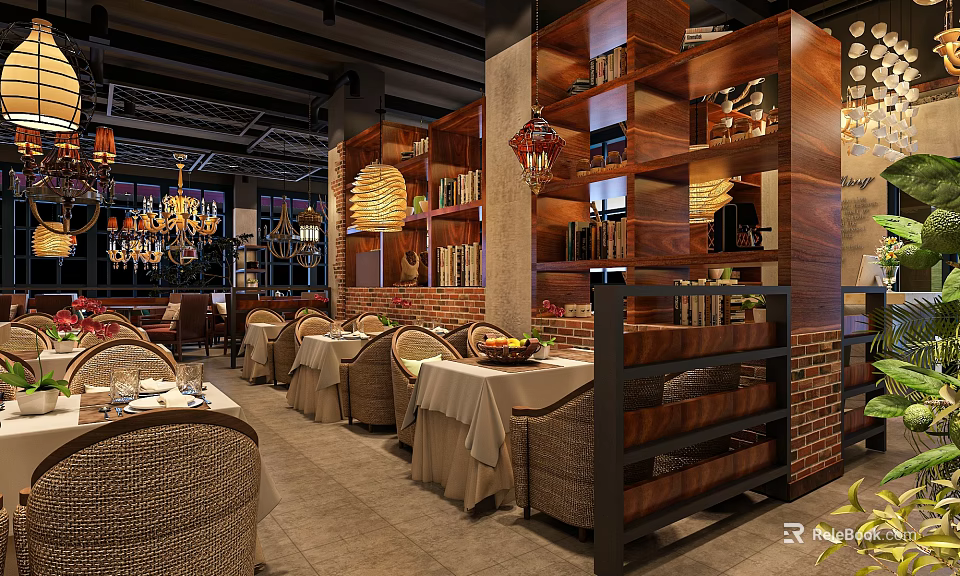 Elegant Restaurant Interior Design With Wooden Bookshelves Chandeliers Dining Tables And Bricked Walls 3d model 