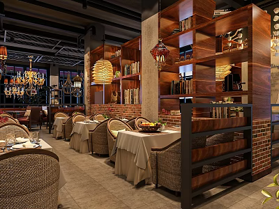 Elegant Restaurant Interior Design With Wooden Bookshelves Chandeliers Dining Tables And Bricked Walls 3d model