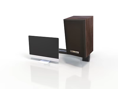 Electronic Appliances Setup With Modern Monitor And Wooden Speaker Design 3d model