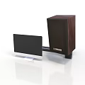 Electronic Appliances Setup With Modern Monitor And Wooden Speaker Design