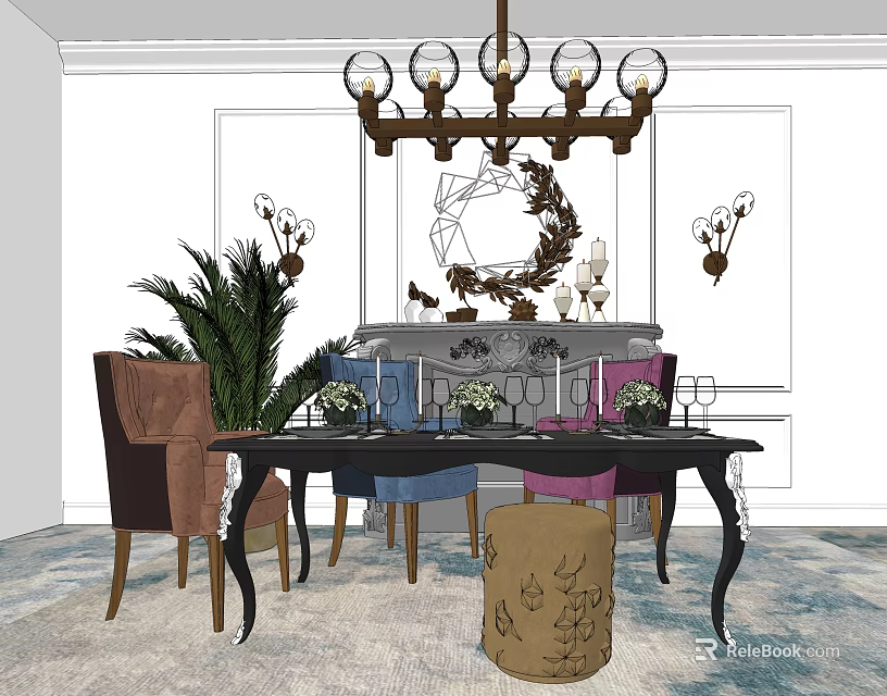 Elegant Dining Table Set With Chandelier Chairs Decorations Green Plant And Rug 3d model 