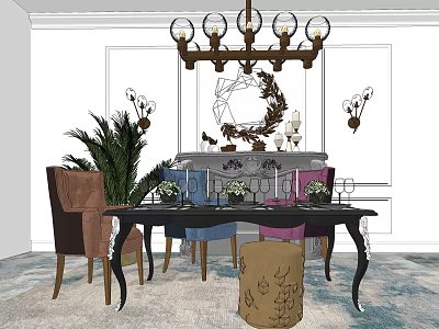 Elegant Dining Table Set With Chandelier Chairs Decorations Green Plant And Rug 3d model