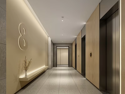 Elegant Elevator Hallway With Number 8 Decor Beige Walls Grey Tile Floor And Wooden Panels 3d model