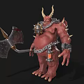 Red Horned Demon Character Holding Giant Axe With Spiked Armor And Chain