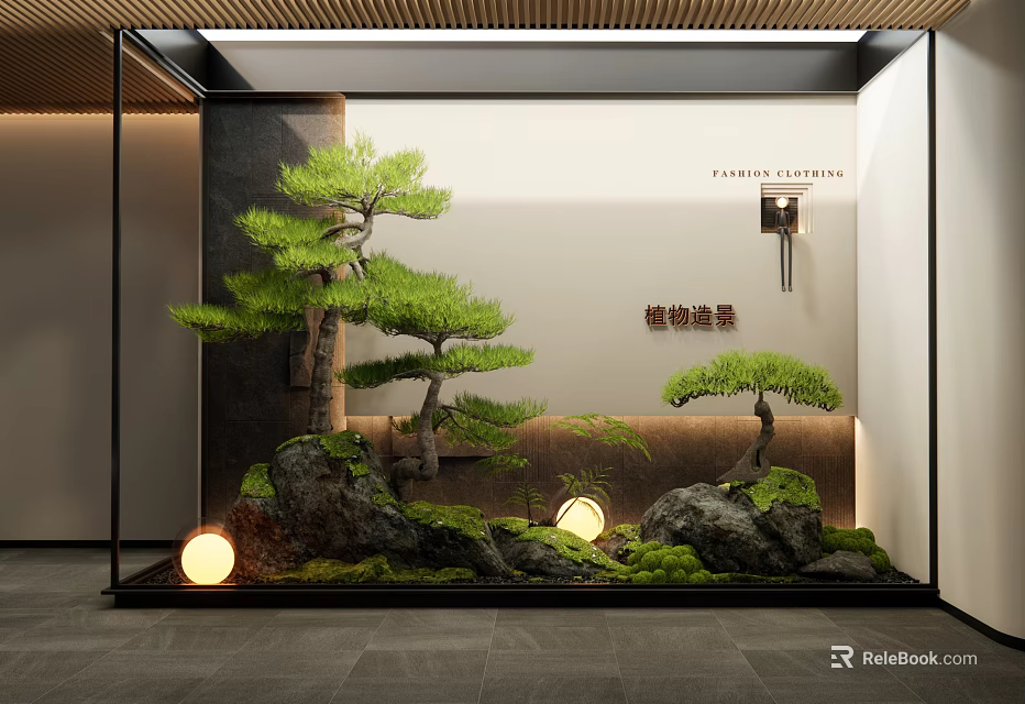 Modern Indoor Landscape With Bonsai Pine Trees Rocks Moss And Ambient Lighting 3d model 