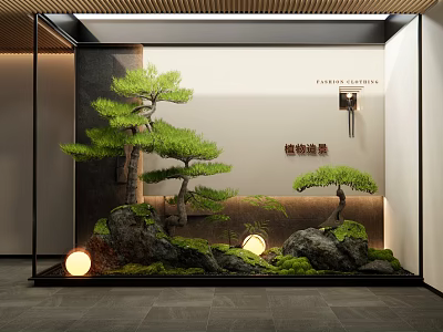 Modern Indoor Landscape With Bonsai Pine Trees Rocks Moss And Ambient Lighting 3d model
