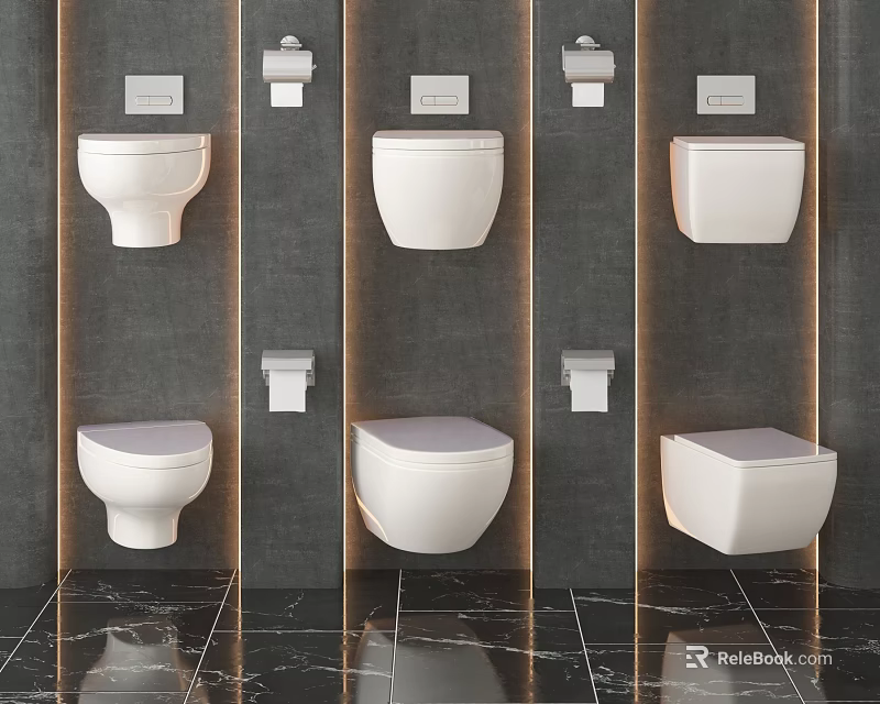 Multiple Wall Mounted Toilets Featuring Various Modern Design Styles In Bathroom 3d model