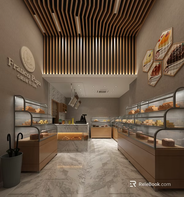 Dessert Shop Interior With Wooden Slat Ceiling Glass Display Cases Marble Counter And Coffee Pastries 3d model 