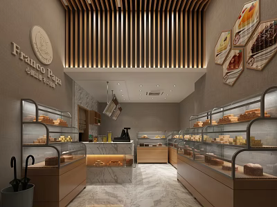 Dessert Shop Interior With Wooden Slat Ceiling Glass Display Cases Marble Counter And Coffee Pastries 3d model