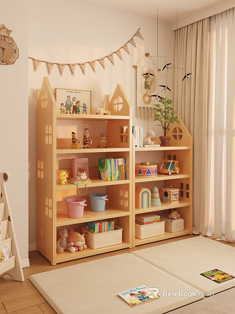 House Shaped Wooden Shelf With Toys Books Decorations And Potted Plant In Kids Room 3d model 