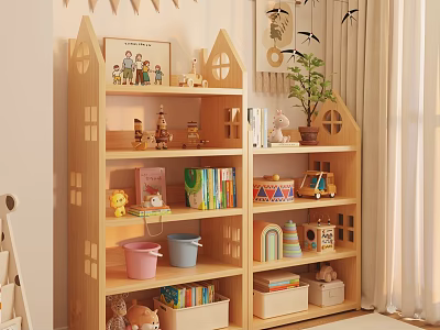 House Shaped Wooden Shelf With Toys Books Decorations And Potted Plant In Kids Room 3d model