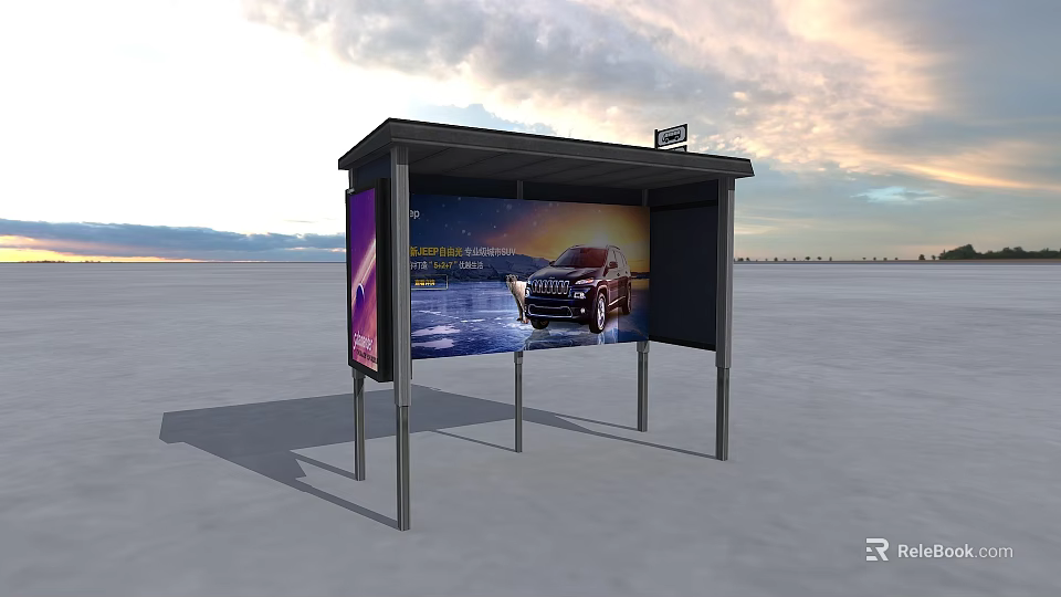 Bus Stop Shelter With Car Advertisement On Open Ground Under Colorful Sky 3d model 