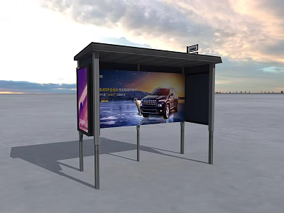 Bus Stop Shelter With Car Advertisement On Open Ground Under Colorful Sky 3d model