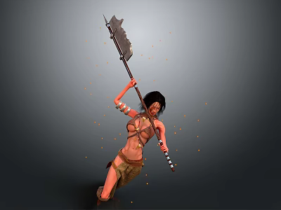 Man Holding Large Axe In Primitive Outfit With Decorative Arm Bands And Flying Debris 3d model
