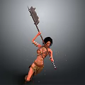 Man Holding Large Axe In Primitive Outfit With Decorative Arm Bands And Flying Debris
