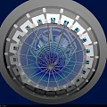 Futuristic Mechanical Installation With Blue Glowing Rings Metallic Structure And Layered Design