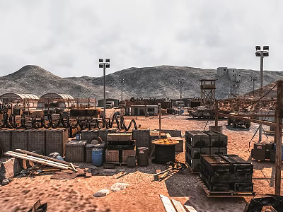 Desert Construction Site With Wooden Planks Barrels Crates Light Poles And Mountains 3d model
