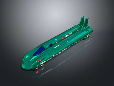 Green Streamlined Racing Boat With Multiple Logos And Rear Fins Design 3d model