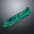 Green Streamlined Racing Boat With Multiple Logos And Rear Fins Design