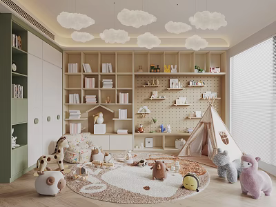 Cozy Kids Room Interior With Cloud Shaped Lights Bookshelves Teepee And Stuffed Toys 3d model
