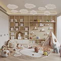 Cozy Kids Room Interior With Cloud Shaped Lights Bookshelves Teepee And Stuffed Toys