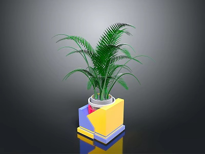 Lush Green Indoor Fern Plant In Modern Geometric Colorful Cubic Planter 3d model