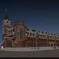 Red Brick School Building With Clock Tower Black Spire Large Windows And Front Square Playground 3d model