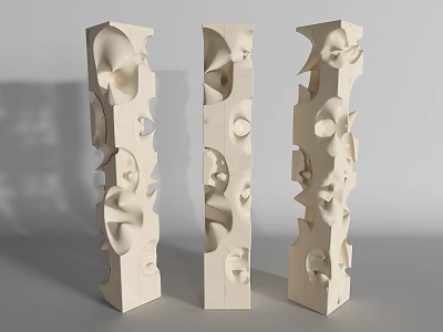 Three Modern Abstract White Column Sculptures With Irregular Hollow Designs And Curved Details 3d model