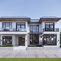 Modern Two Story Detached Villa With Large Glass Windows White Exterior Balconies And Greenery Surroundings