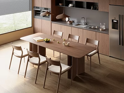 Modern Dining Table With Six Chairs In Open Kitchen Interior Design 3d model