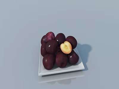 Fresh Purple Plums With Whole And Sliced Pieces On White Plate Light Blue Background 3d model