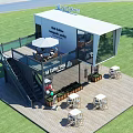 Container Cafe With Outdoor Wooden Deck Seating Umbrella And Green Plants On Lawn