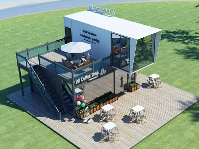 Container Cafe With Outdoor Wooden Deck Seating Umbrella And Green Plants On Lawn 3d model
