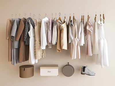 Stylish Clothes Hanging on Beige Wall with Various Styles Neutral Colors Boxes and Shoes 3d model