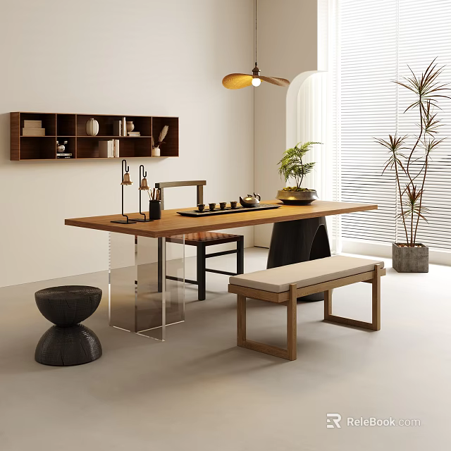 Modern Tea Table and Chairs Interior With Wooden Shelf Tea Set Bench and Plants 3d model 