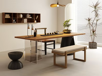 Modern Tea Table and Chairs Interior With Wooden Shelf Tea Set Bench and Plants 3d model