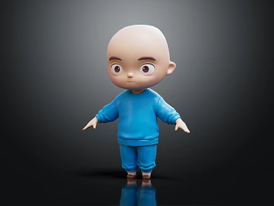Cute 3D Cartoon Character With Bald Head In Blue Outfit Standing On Black Background 3d model
