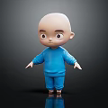 Cute 3D Cartoon Character With Bald Head In Blue Outfit Standing On Black Background