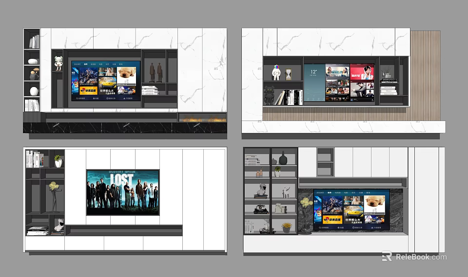 Modern TV Stand Design With Marble Surface Open Shelves And Storage Cabinets 3d model