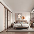 Japanese Style Bedroom Interior With Wooden Lattice Doors Round Wall Art Bed And Wooden Flooring