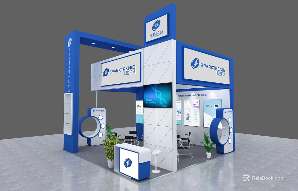EVERPOWER TOOLS Exhibition Booth With Blue White Large Screen Display Cabinets Green Plants And Furniture 3d model 