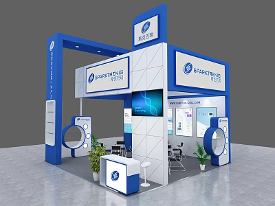 EVERPOWER TOOLS Exhibition Booth With Blue White Large Screen Display Cabinets Green Plants And Furniture 3d model