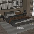 Background Double Bed in Bedroom with Gray Brown Bedding Nightstand Floor Lamp Wooden Floor Rug