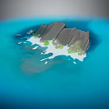 Cartoon Scene of Blue Water with Gray Rock Island and Green Plants and White Waves Around