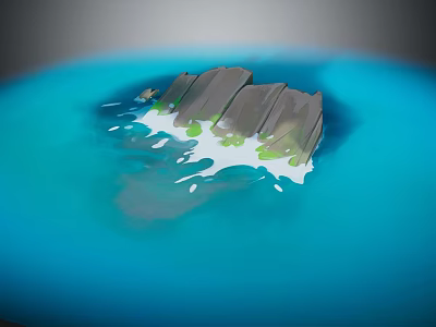 Cartoon Scene of Blue Water with Gray Rock Island and Green Plants and White Waves Around 3d model