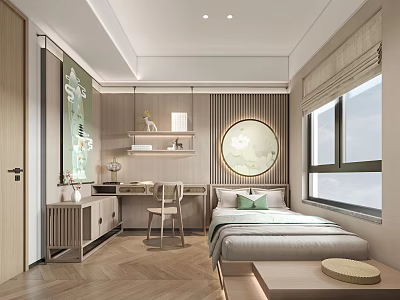 Modern Tatami Bedroom Interior Design With Wooden Desk Circular Art And Natural Light 3d model
