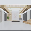 Traditional Chinese Hotel Lobby With Wooden Ceiling Dragon Pattern Wall Green Plants And Sofa