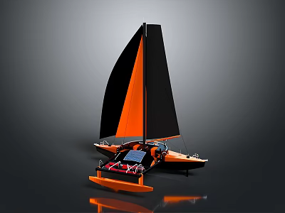 Modern Orange And Black Sail Catamaran Model With Reflective Base And Seating Area 3d model