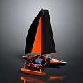 Modern Orange And Black Sail Catamaran Model With Reflective Base And Seating Area 3d model
