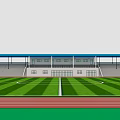 Football Stadium with Green Grass Pitch Red Running Track Blue Stands and Small Sports Courts
